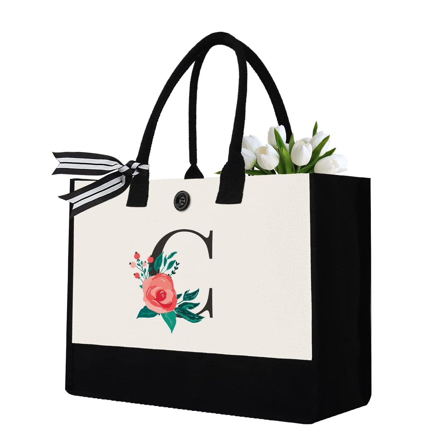 Initial Canvas Tote Bag Personalized Birthday Gifts for Women Mom Friends Teachers Monogrammed Tote Bags Suitable for Mothers Day Wedding Beach Letter C