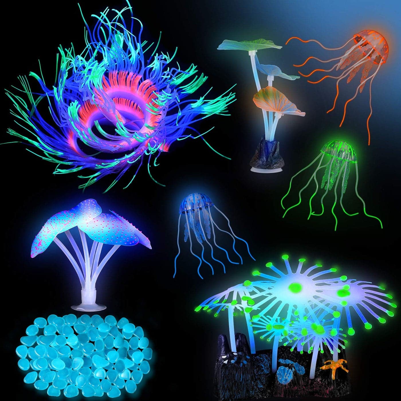 Weewooday 57 Pieces Glowing Fish Tank Decorations Plants with Simulation Silicone Coral Glowing Jellyfish Lotus Leaf Changeable Green Sea Anemone Luminous Stones for Aquarium Fish Tank Ornament