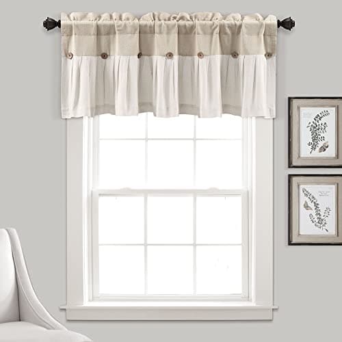 Lush Decor Linen Button Farmhouse Valance, 52" W x 18" L, Linen - Kitchen Curtains Valances, Rustic Color Block Design With Husk Button