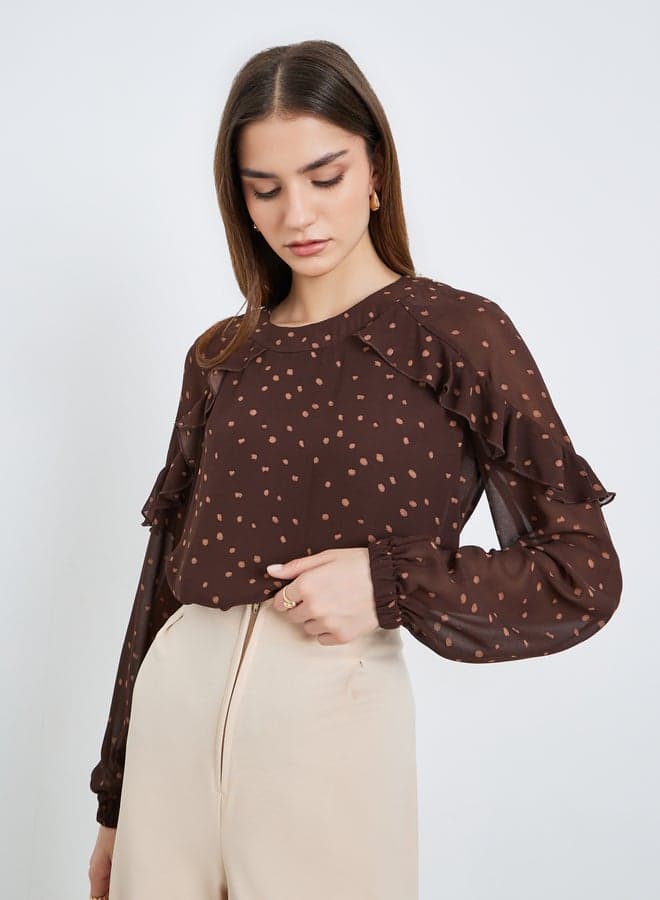 Women Brown Polka Dot Long Sleeve Blouse