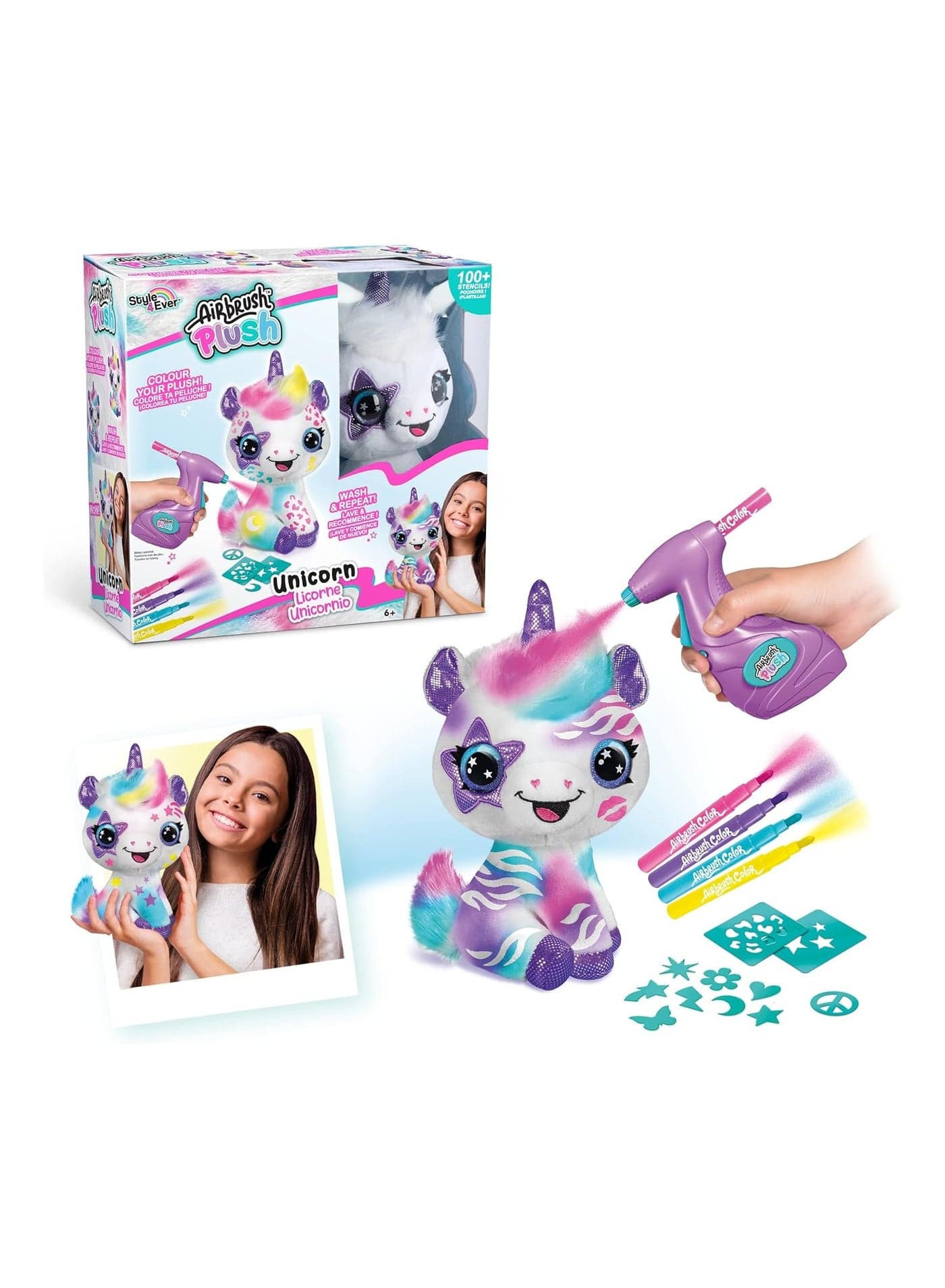 Canal Toys Airbrush Plush Unicorn DIY Kit for Kids, Washable Coloring Stuffed Toy with Markers & Stencils, Reusable Creative Art Craft Set for Girls Boys Age 6+