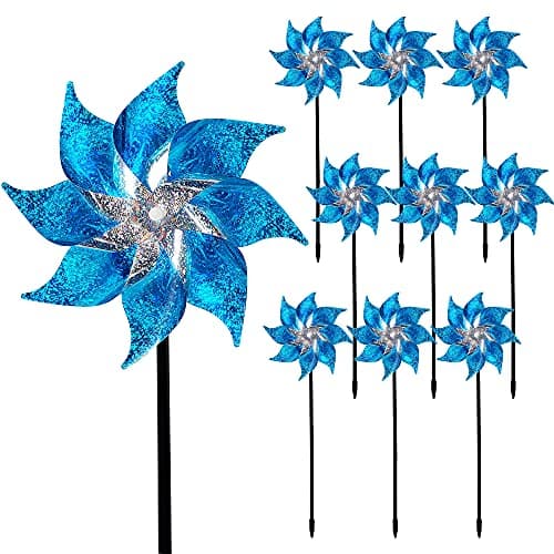 Hausse 10 Pack Reflective Pinwheels with Stakes Extra Sparkly Pin Wheel for Garden Decor Bird Repellent Devices Deterrent to Scare Birds Away from Yard Patio Farm Blue