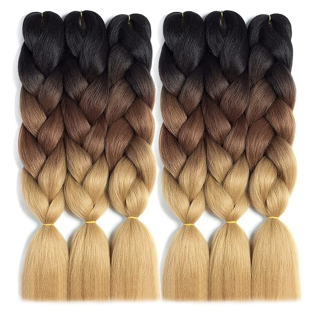 RN BEAUTY Ombre Braiding Hair 6 Packs 24 Inch Ombre Jumbo Braiding Hair Synthetic Braids Hair Extensions BlackDark BrownLight Brown