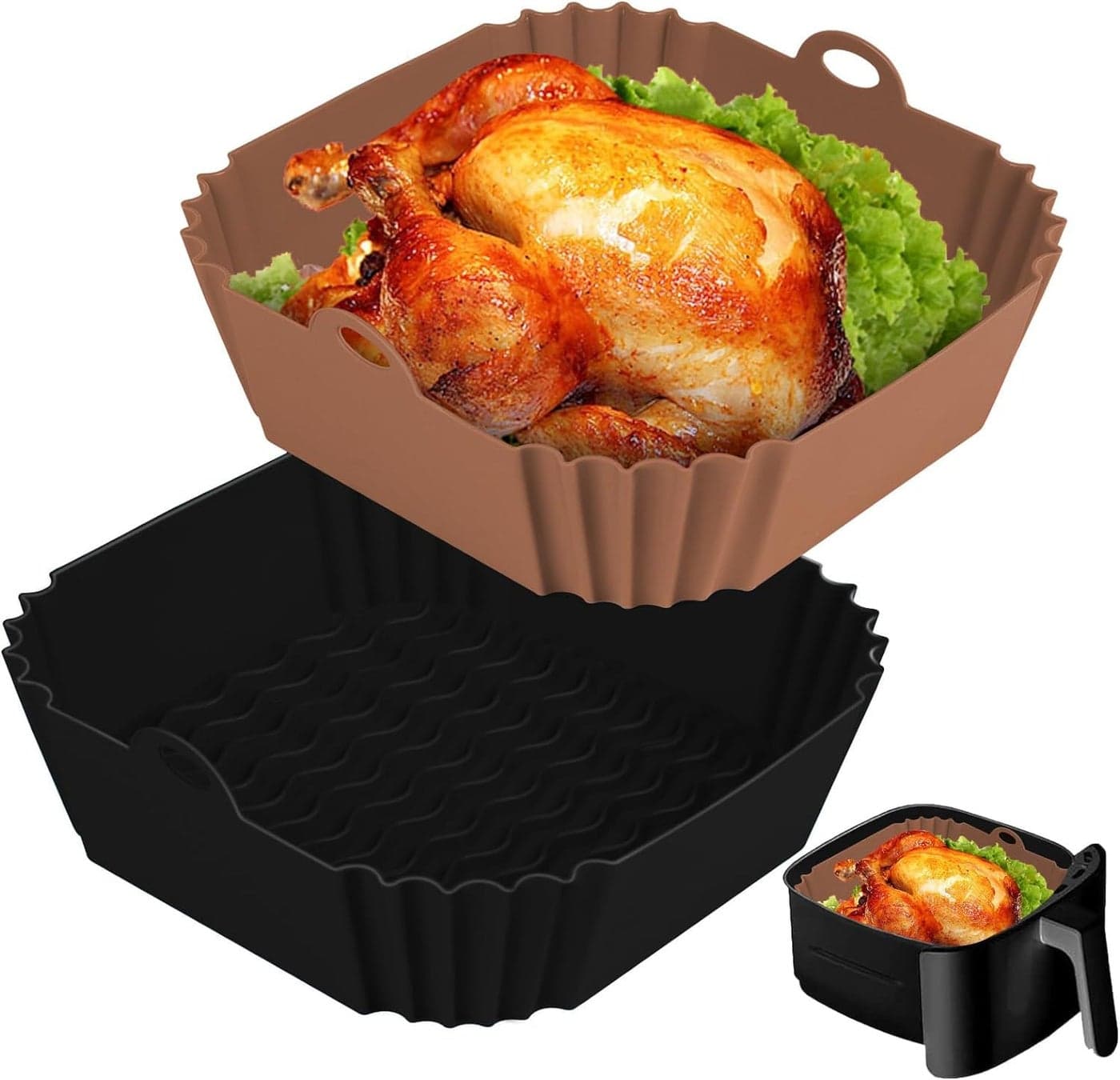 Boribim 2 PCS Square Silicone Air Fryer Liners 8 Inch Reusable Air Fryer Pot Air Fryer Accessories Air Fryer Inserts for 4 to 7 QT Oven Microwave Accessories Black Brown