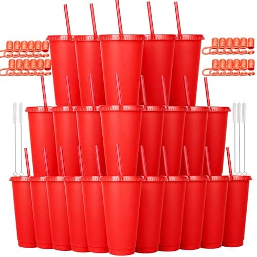 Alohastarttg 24 oz Reusable Plastic Cups, Custom Cups for Party with Lids and Straws, 24 Pack Iced Coffee Travel Mugs or Mean Girls Party Tumblers, Leak Proof Coffee Travel Mug (24, Red)