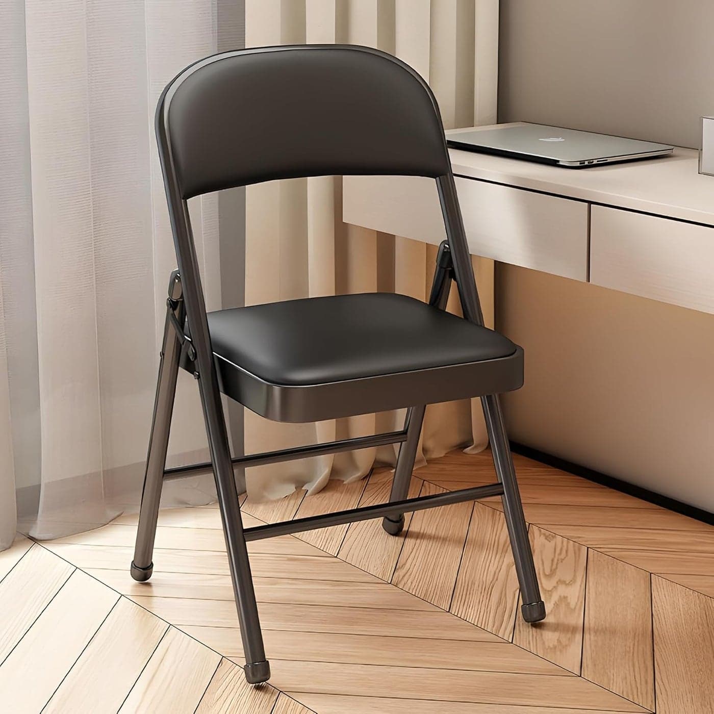 MRC Metal Folding Chair with Super Soft Cushion Seat Upholstered Leatherette for SpaceSaving Design for Home Office and Dorm Rooms KitchenWorkSturdyGardenBalconyRestaurant Chair Black
