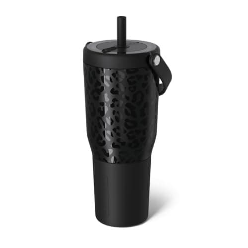 BrüMate Resa 35oz 100% Leakproof Travel Tumbler w/Handle & Straw | Flexible SoftSip Straw | Silicone Sleeve for Durability | Stainless Steel | Cup Holder & Travel Friendly Water Bottle (Onyx Leopard)