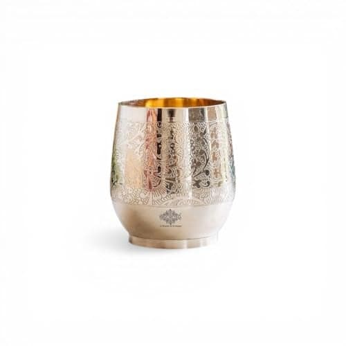 INDIAN ART VILLA Embossed Flower Design Brass Glass Tumbler, Drinking Glass for Water & Beverages, Traditional Drinkware for Home & Festive Use, 300 ML, Set of 1
