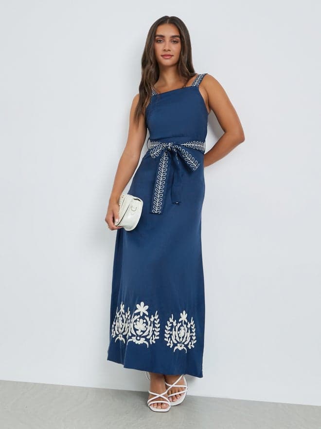 Styli Blue Embroidered A-Line Maxi Dress
