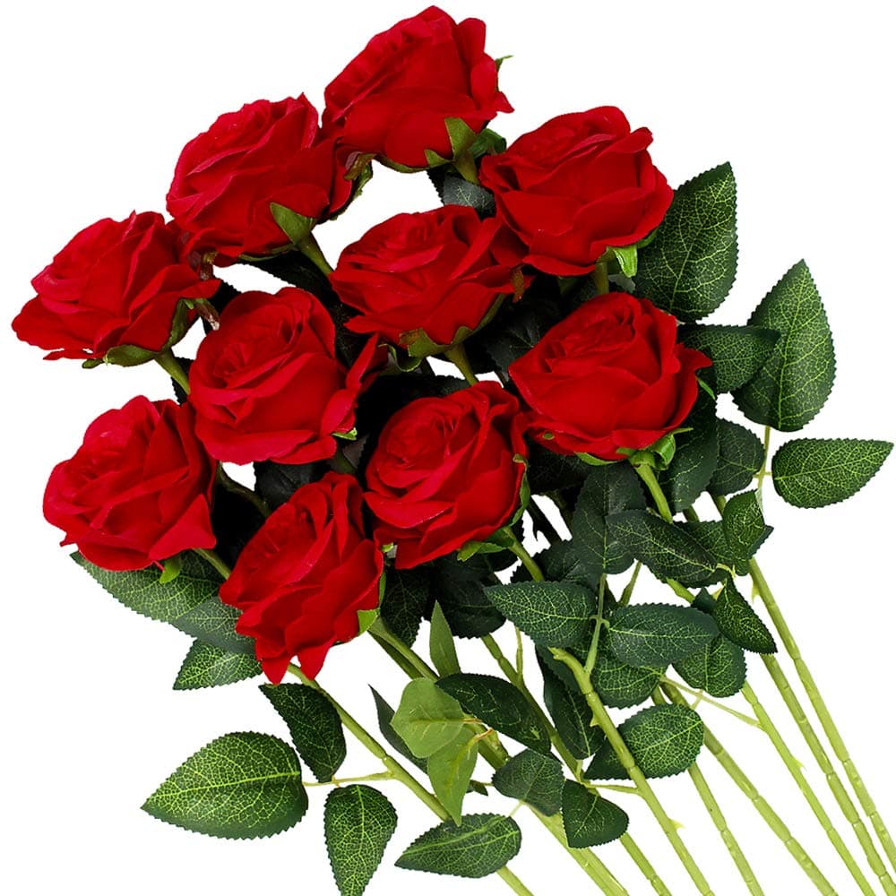Veryhome Artificial Flowers Silk Roses Fake Bridal Wedding Bouquet for Home Garden Party Floral Decor 10 Pcs Red Curved stem