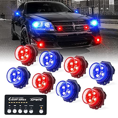Xprite Red Blue LED Hideaway Strobe Police Lights Kit, 20 Flashing Patterns w/Control Panel for Headlights Taillights Hazard Warning Mounting, for Emergency Vehicles Volunteer Cop Cars Trucks 8PCS