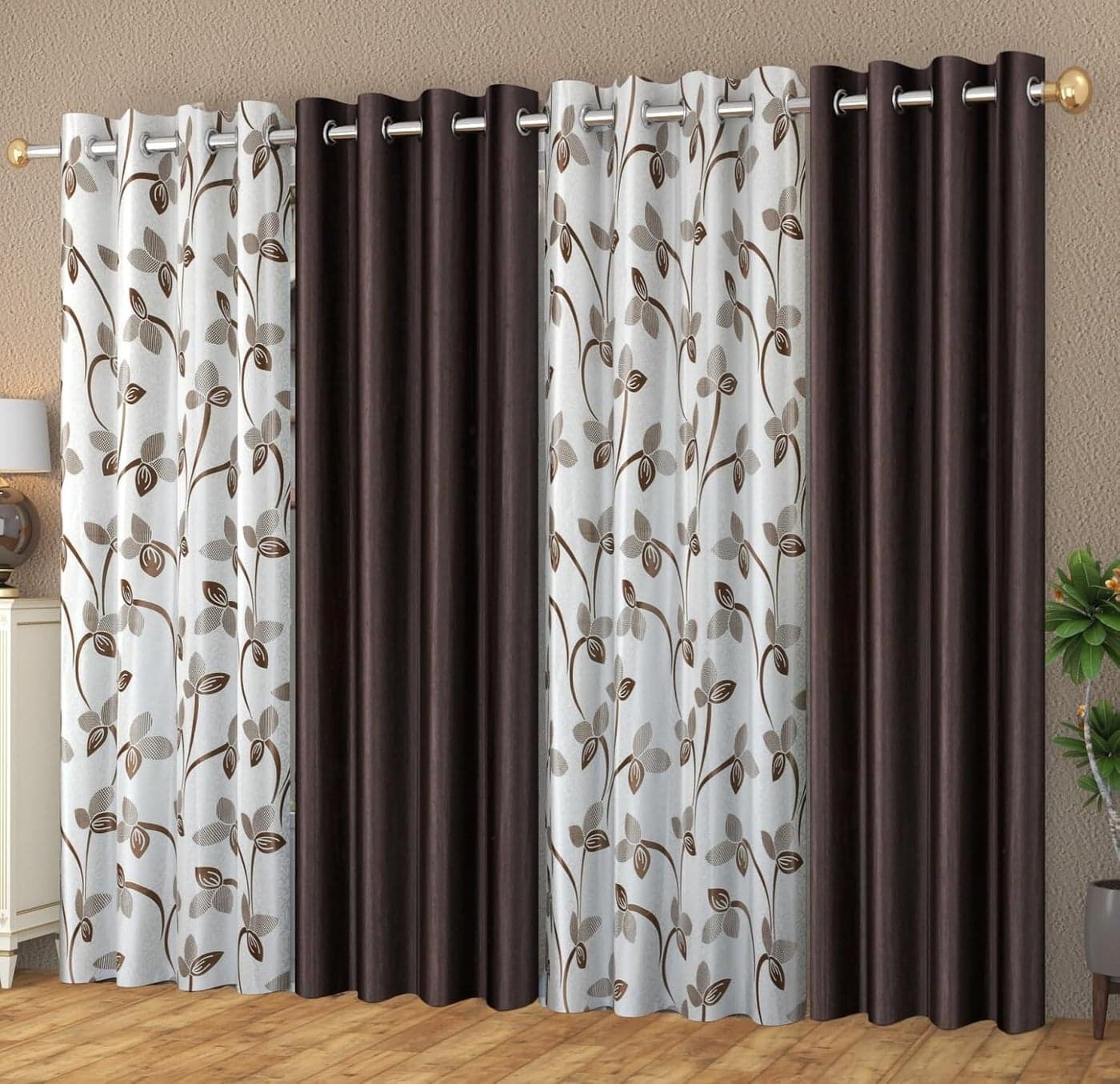 YUKANY Polyester LightFiltering Floral Printed Long Door Curtains for Living Room Bedroom Set of 4 4 x 9 Feet Coffee Washable Eyelets
