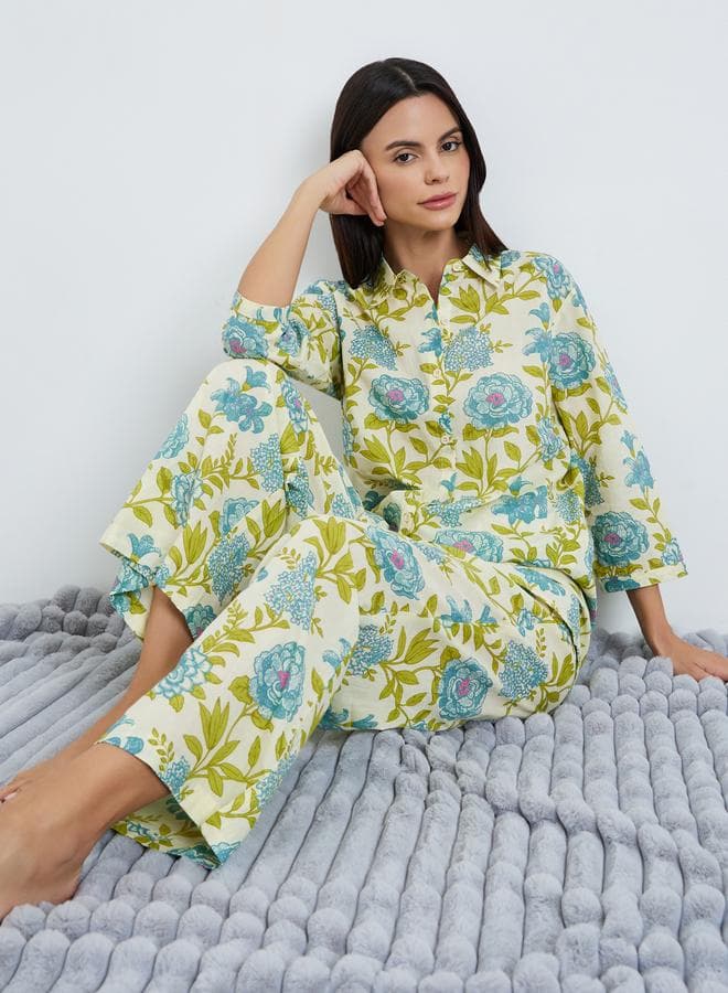 Floral Longline Cotton Shirt and Wide Leg Pyjama Set