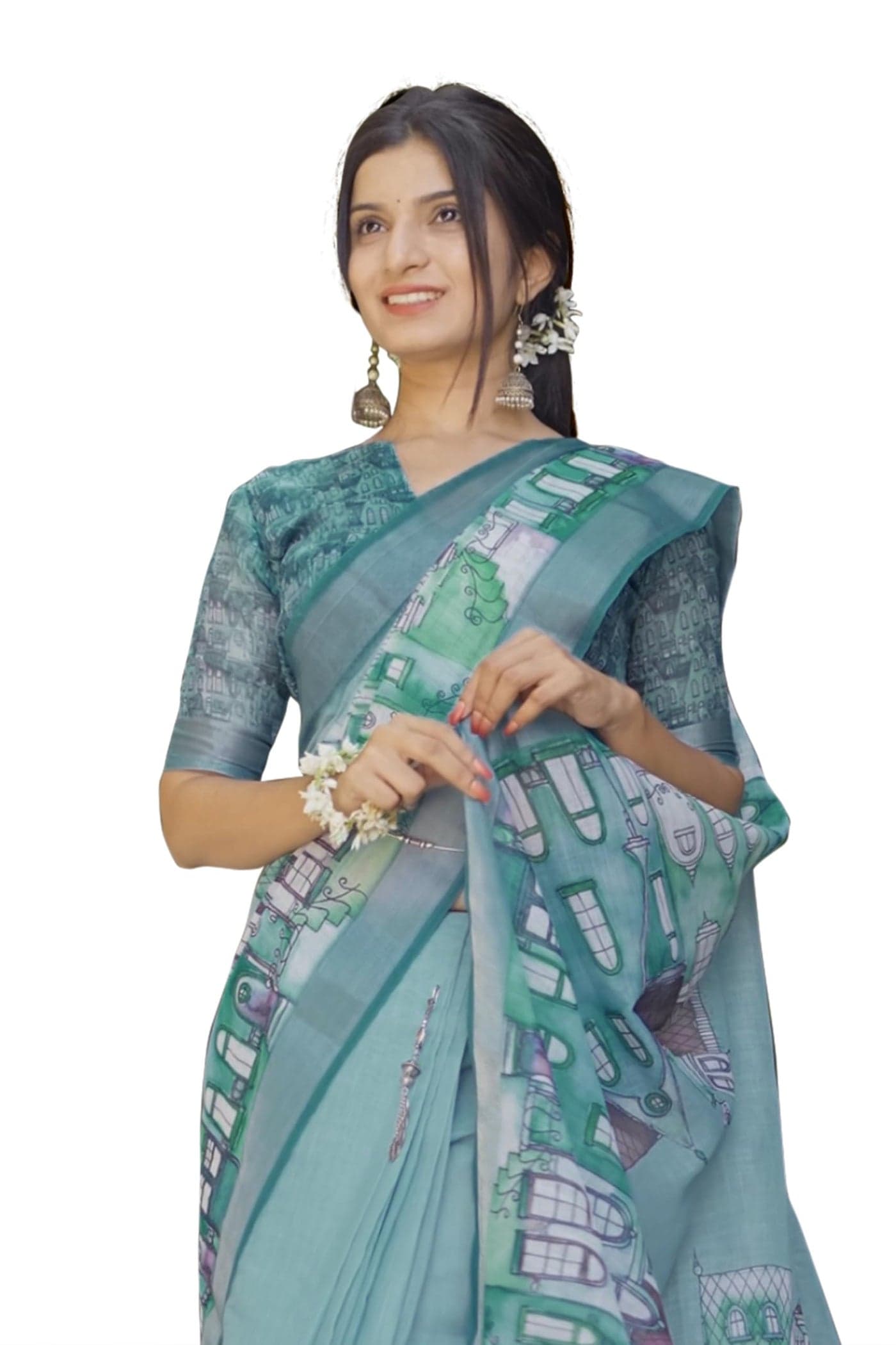 MIRCHI FASHION Women's Cotton Blend Abstract Printed Saree with Blouse Piece (49673 - Light Dusty Teal, Dusty Teal, Multicolor)