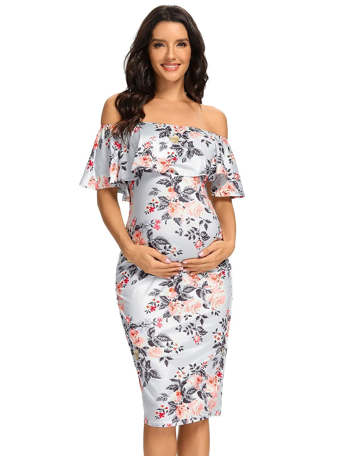Jezero Women's Maternity Dress Off Shoulder Ruffle Sleeveless Bodycon Dress for Baby Shower