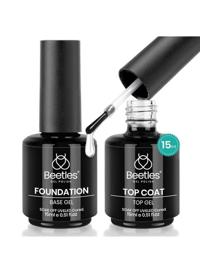 Beetles 2 Pcs 15ml No Wipe Gel Top Coat and Base Coat Set - Shine Finish and Long Lasting, Soak Off LED Nail Lamp Gel Base Top Coat Finish Nail Art Design Manicure Gifts for Women