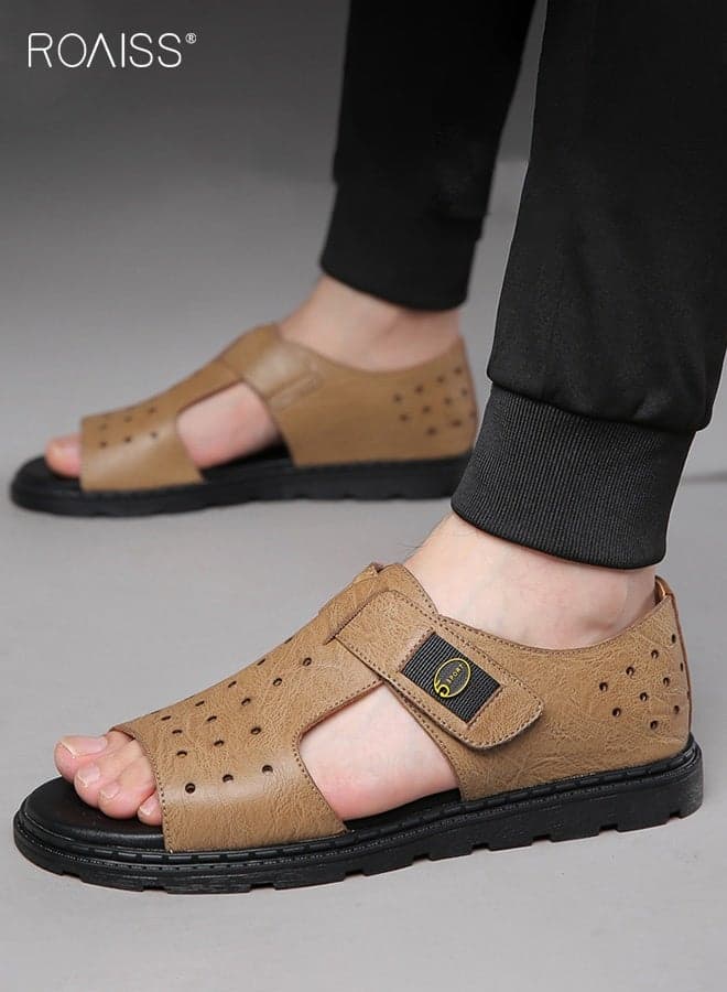 Men's Summer Sandals, Lightweight and Comfortable Beach Shoes Velcro Openwork Sandals Slippers Comfortable, Breathable Thick Sole Sturdy Durable Non-slip for Everyday Casual Wear Beige