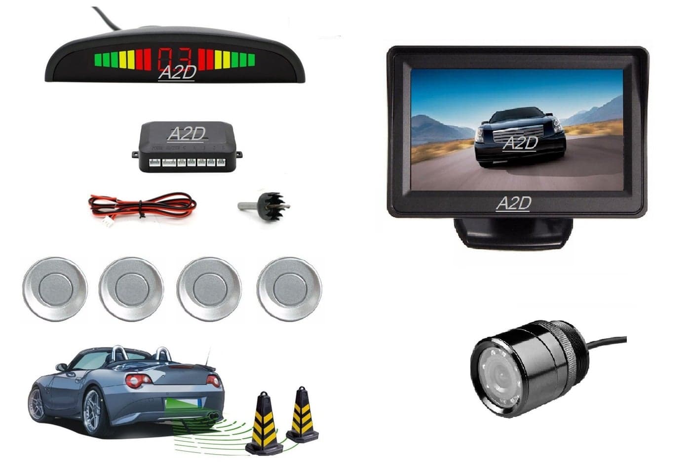 A2D? LED Car Parking Sensor Silver + LED Night Vision Reverse Parking Camera + Parking Camera Screen