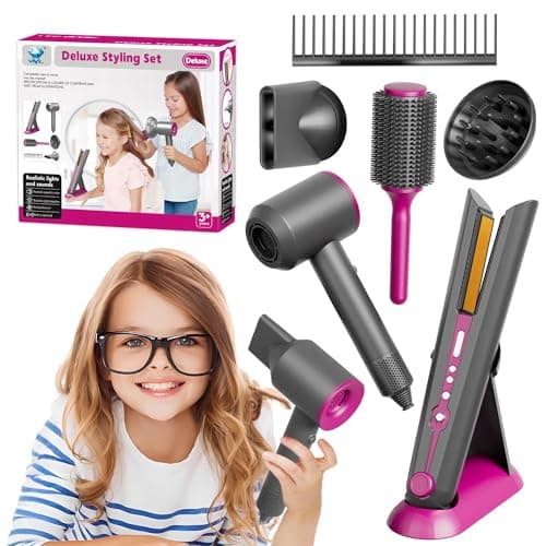 Girls Hair Salon Toys for Girls Beauty Salon Deluxe Styling Set Kids Hair Dryer Toy Straightener Hairdryer with Real Function Interactive Lights Sounds Fashion Play Set for Children Age 3