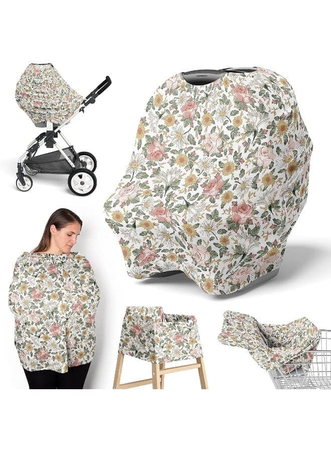 Sweet Jojo Designs Vintage Floral Boho Girl Infant Baby Car Seat Cover Nursing Breastfeeding Shopping Cart Stroller Canopy Blush Pink Yellow and Green Bohemian Shabby Chic Rose Flower Farmhouse White