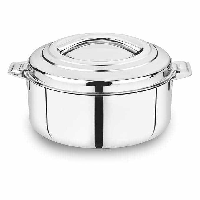 Steeple 2500ml Double Wall Insulated Stainless Steel Casserole Hot Pot for Roti Rice Gravy Curry Silver Hot Box with Steel Lid Temperature Retention Twist Lock Durable