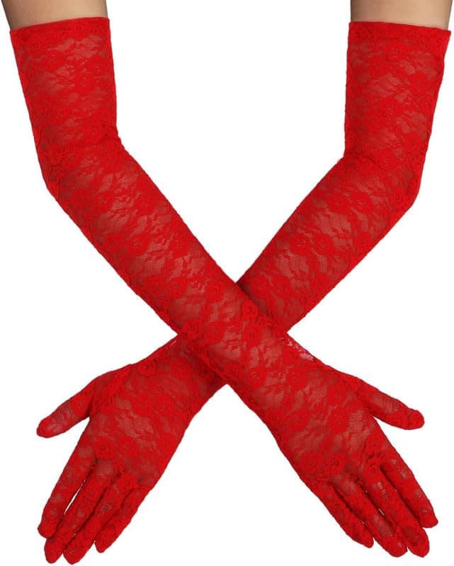 KETKAR Lace Gloves Long Opera Gloves Elbow Length for Women Party Dress Costume Floral Prom Wedding_Red