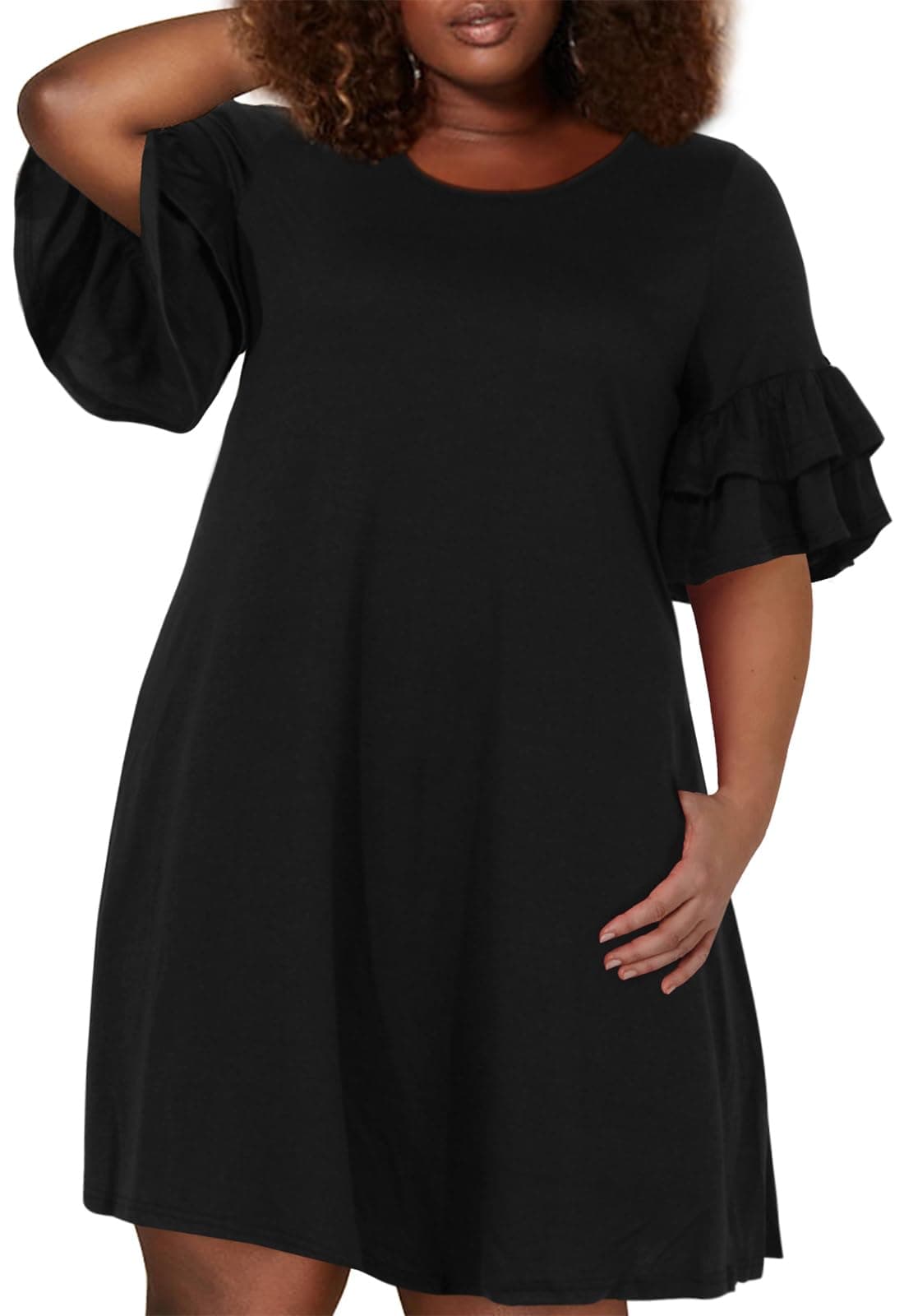 Nemidor Plus Size Casual Dresses for Curvy Women Summer Ruffle Sleeve TShirt Swing Mini Dress with Pocket 142617922Black