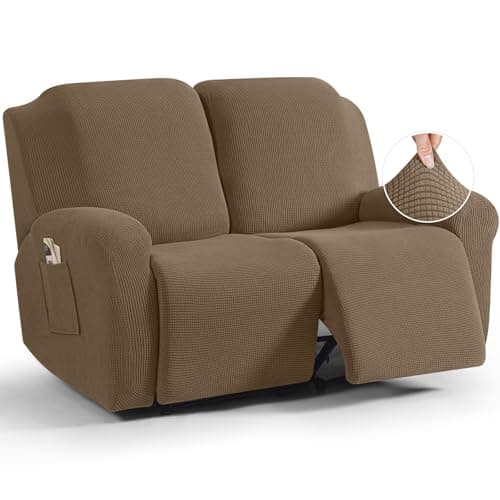 TAOCOCO Recliner Loveseat Slipcover, 6 Pieces Dual Recliner Sofa Covers for 2 Seat Dual Reclining Loveseat Couch, Stretch Soft Jacquard Pattern Furniture Protector with Elasticity (Khaki)