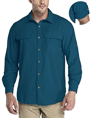 33,000ft Men's Long Sleeve Sun Protection Shirt UPF 50+ UV Quick Dry Cooling Fishing Shirts for Travel Safari Camping Hiking Dark Blue