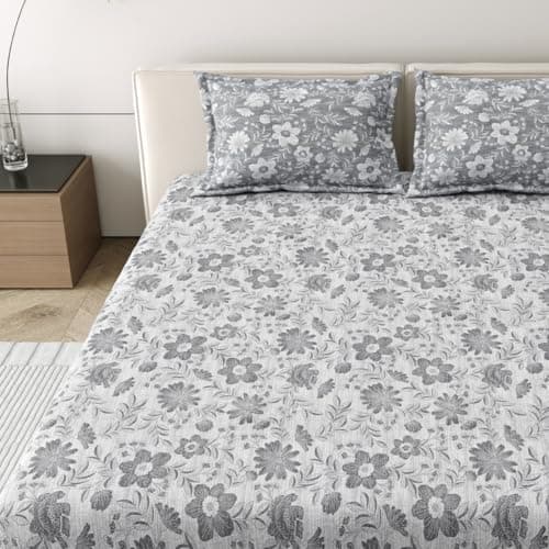 Mafatlal 186 Tc Corsica Pure Cotton King Size Bedsheet | 274 X 274 Cm | Summer Flat Sheet for Relaxing Sleep Comfort | Includes 2 Pillow Covers | Grey Luster