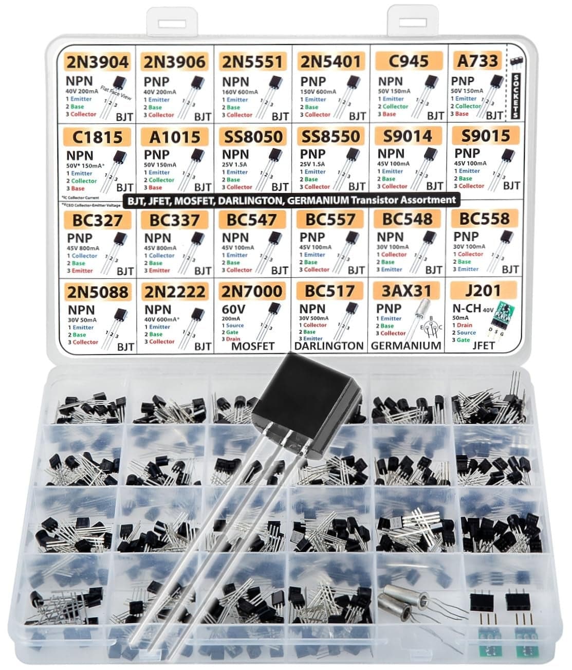 Transistor Assortment Kit, 434 pcs 24 Values, BJT, Mosfet, Germanium, Darlington, JFET, Sockets, 2n3904 2n3906 2n5551 2n5401 C945 A733 C1815 SS8050 BC547 BC558 2n5088 2n2222 2n7000 BC517 3AX31 J201