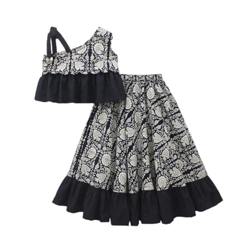 GORLYA Girls Black Floral Printed Lehenga Choli Set | One-Shoulder Crop Top with Ruffle Skirt | Festive Traditional Outfit for Celebrations, Cultural Events, Diwali, Weddings & Gifting