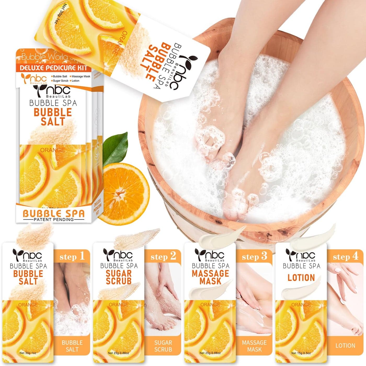 nbc BeautiLab Pedicure Kit Foot Soak Set Bubble Salt Sugar Scrub Massage Mask Massage Lotion in a Box 4 Step Foot Spa Kit for Dry Feet Softens Calluses and Tired Feet1 Set Orange