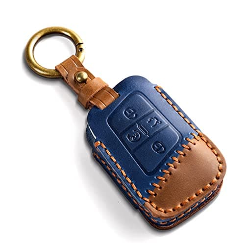 OFFCURVE Leather Key Fob Cover Compatible with Volkswagen, Car Key Cover with Gift Box with Keychain Fit for for VW Tiguan Atlas Jetta Passat Golf Alltrack Arteon Routan 5 Buttons Key(Blue-Brown)