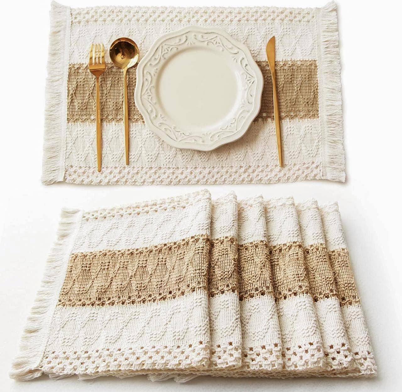 FEXIA Boho Placemats Set of 6 Macrame Table Decor Farmhouse Style Placemats in Natural Cotton Burlap for Kitchen and Dining Table Centerpiece Home Decorations