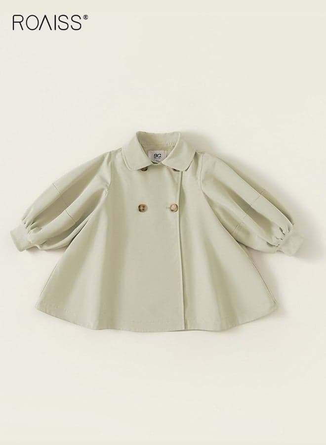 Girls Stylish Trench Coat, Double-breasted Mid-length Overcoat, Button Down Jacket with Puff Sleeves, Classic Comfortable Windbreaker for Girls, Suitable for Daily Wear and Outdoor Activities