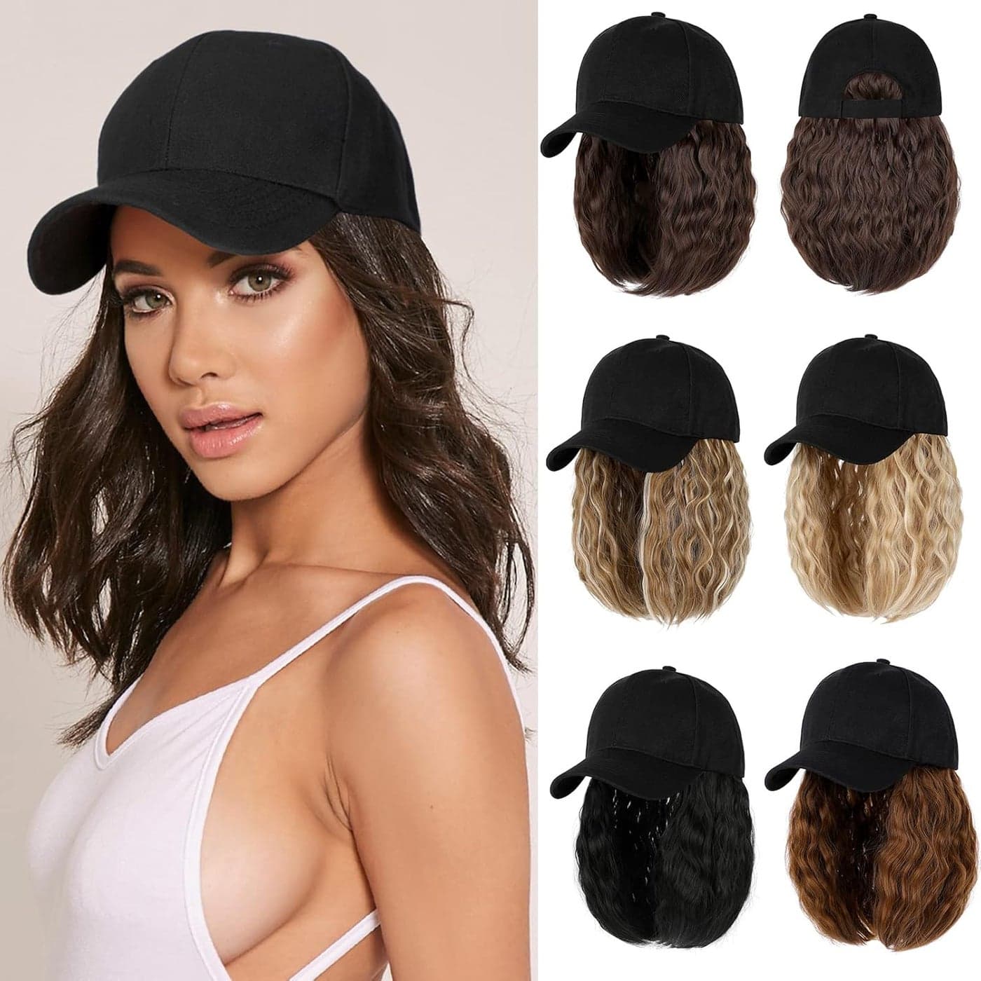 Baseball Cap with Hair Extensions Hat Wig Adjustable Hat Attached Curly Wave 14 Synthetic Hairpiece for Women Medium Brown
