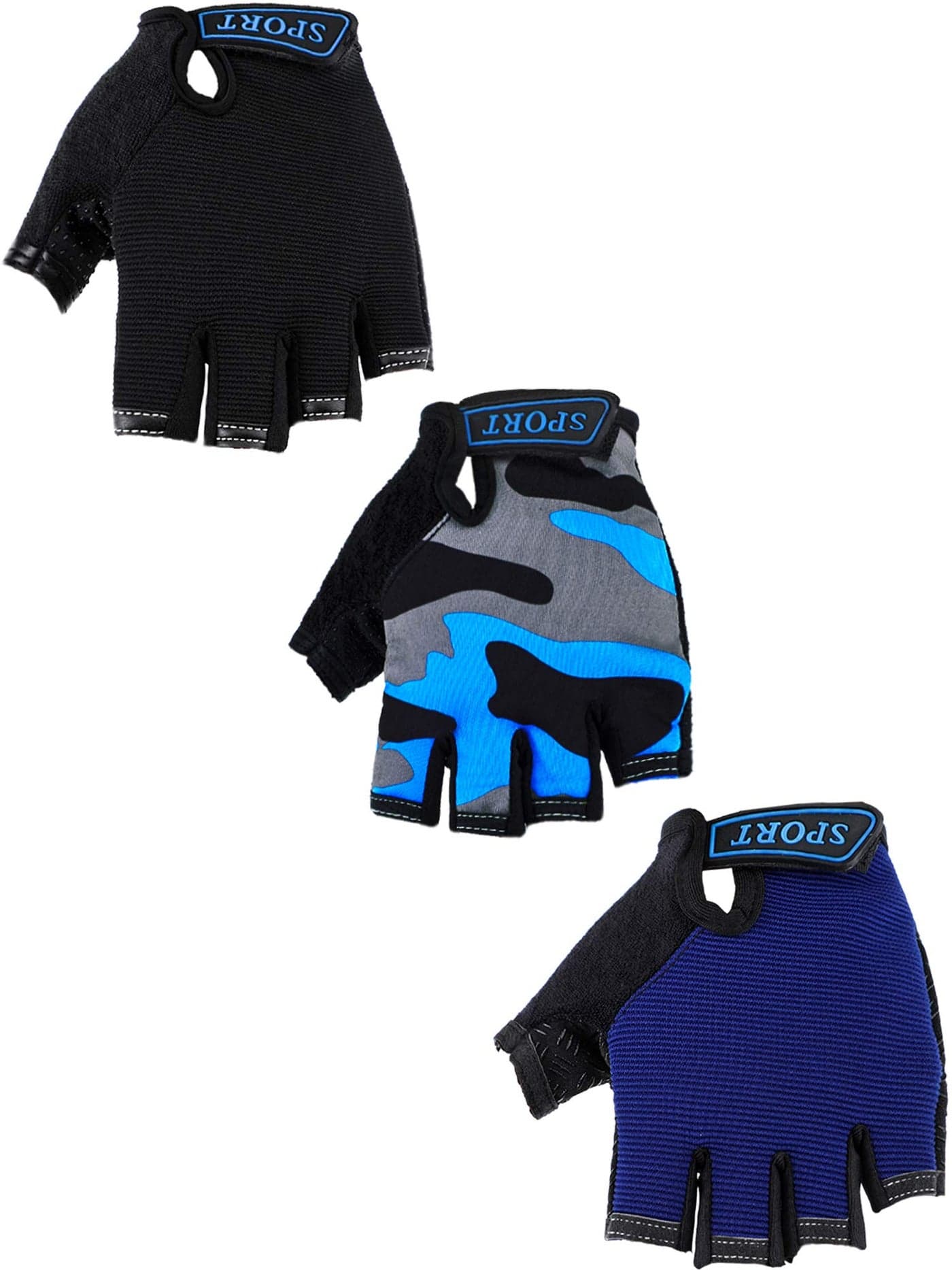 Boao 3 Pairs Kids Bike Gloves Kids Half Finger Fingerless Workout Gloves Non-Slip Gel for Bike Motorcycle(Stylish,8-12 Years)