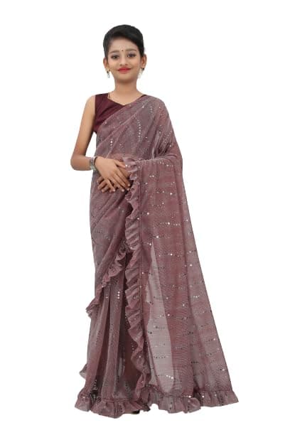 Xavima Kids Fancy Jari Tikli Work Ready to Wear Saree With Unstitched Blouse Piece- Lovendar_Size : 8-9 Y