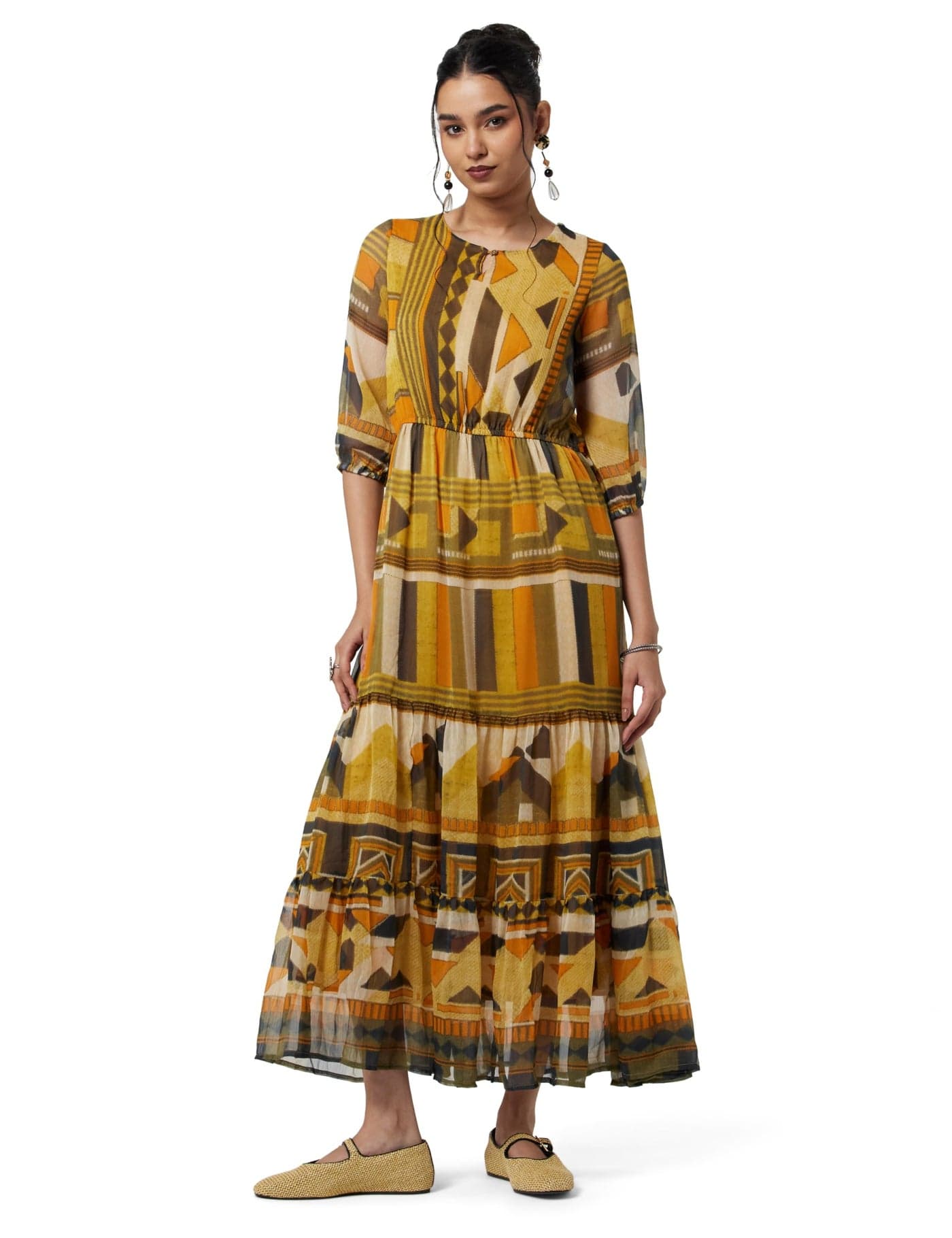 BIBA Women Printed Flared Maxi Dress(Casuald1975_Black_L)