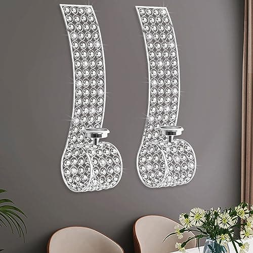 Crystal Candle Sconces for Wall Metal Tealight Candle Holders Silver Wall Decor for Living Dining Room Bedroom Candle Centerpiece, Set of 2