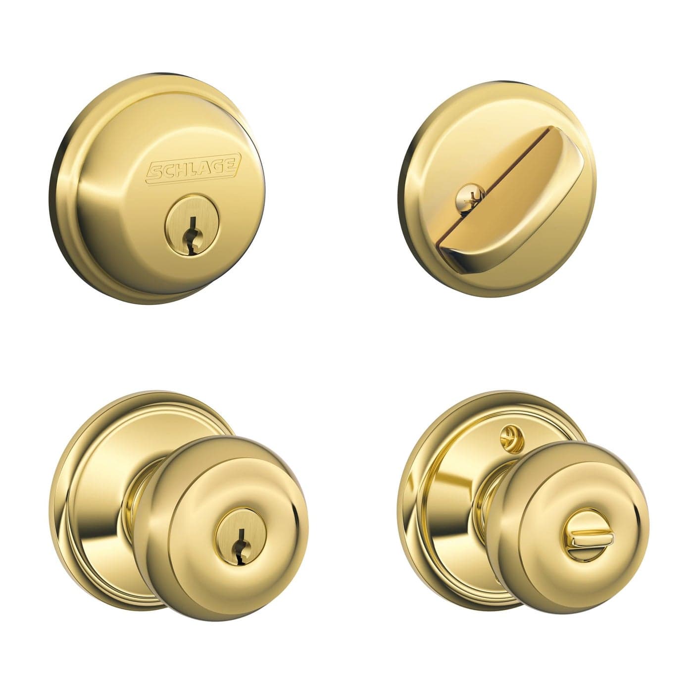 Schlage FB50N V GEO 505 B60 Single Cylinder Deadbolt and F51 Keyed Entry Georgian Knob Keyed Alike Bright Brass Finish