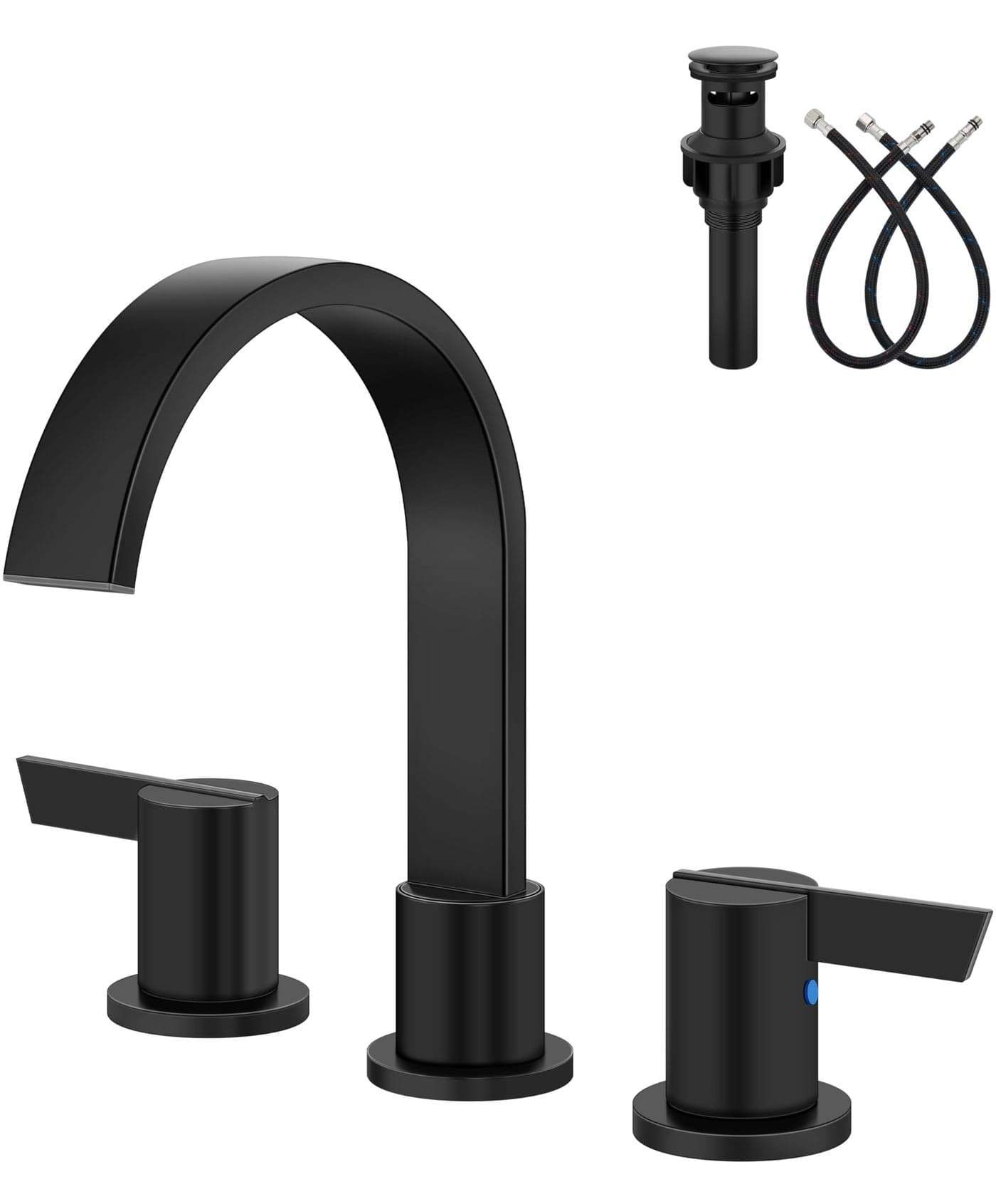 Aolemi Bathroom Faucets 3 Hole,8 Inch Widespread Waterfall Bathroom Sink Faucet,2 Handles Vanity Faucet with Pop-up Drain and Supply Hose,Matte Black
