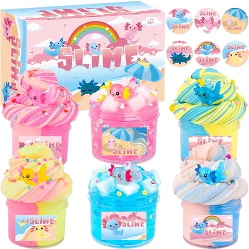 6 Pack Axolotl Slime Kit Cloud Butter Clear Christmas Slime Party Favors for Kids with Axolotl Charms Soft and Stretchy Slime for Girls Boys Classroom Rewards Birthday Gifts