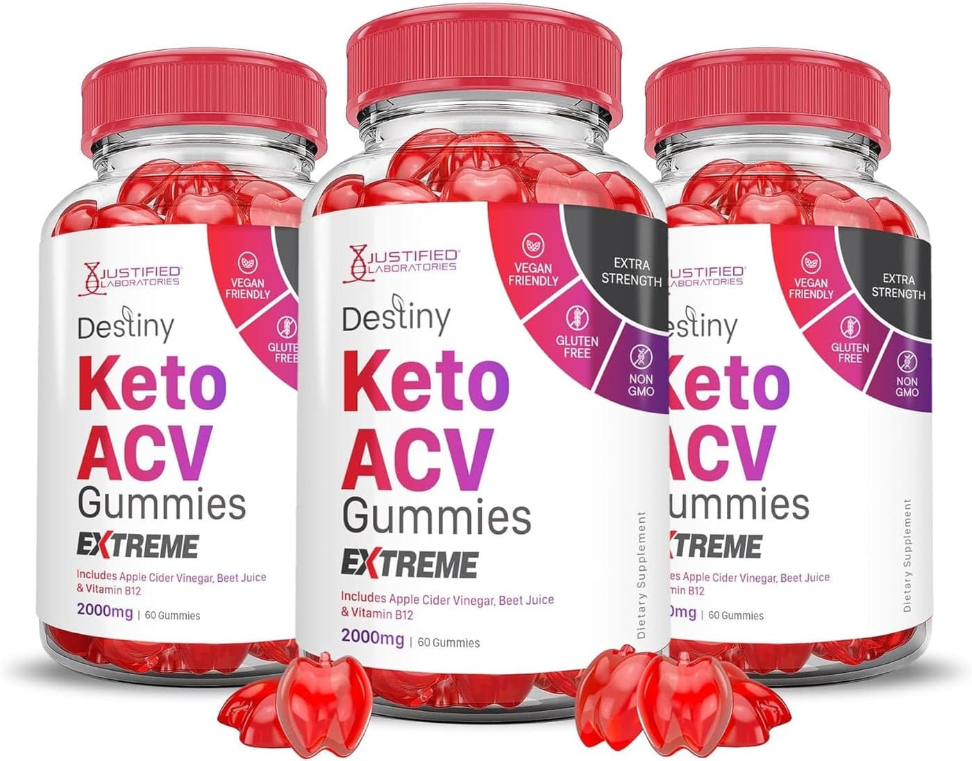 Justified Laboratories 3 Pack Destiny Keto ACV Gummies Extreme 2000MG Destiny Keto Gummies Advanced Formula Apple Cider Vinegar with Pomegranate Beet Juice Powder B12 Vegan Non GMO 180 Gummys