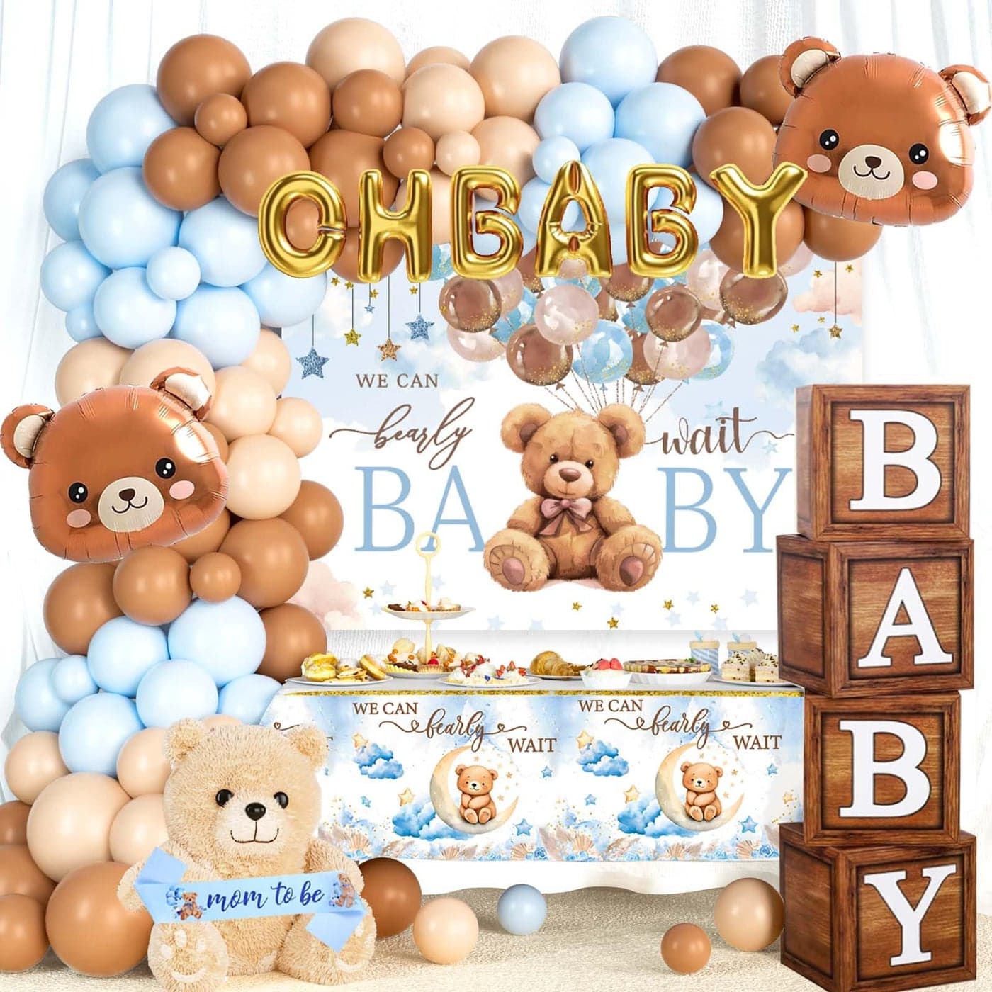 Hombae We Can Bearly Wait Baby Shower Decorations Teddy Bear Printed Backdrop Cute Bear Foil Balloons Blue Tablecloth Blue Brown Balloon Garland Arch 112 PCs Baby Shower Party