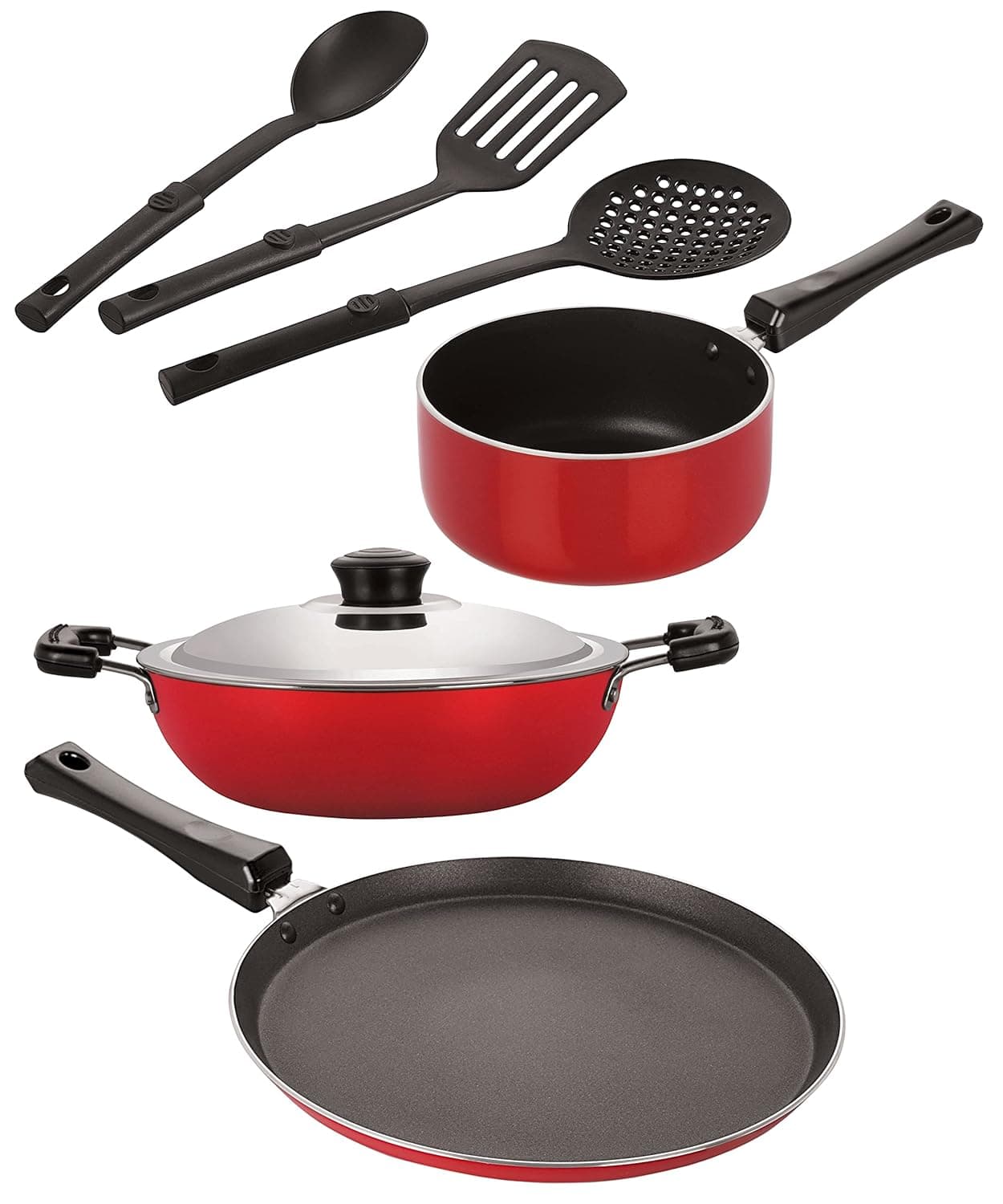 Nirlon Aluminium Nonstick Coated 6 Pcs Set of Deep Kadhai-22cm,Sauce Pan-16cm,Flat Tawa-27cm & 3 Spoon (2.6mm_DKD(M)_SP(M)_FT12_3SPN)