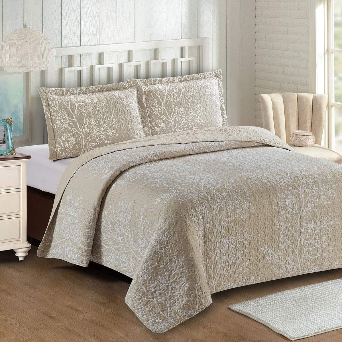 Royal Hotel Bedding Odette Beige Oversized Coverlet Set Luxury Printed Design Quilt Bedspread Set Filled Quilts Fits Pillow top Mattresses 3PC Set KingCalifornia King Size