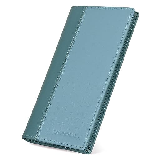 VISOUL Leather Long Checkbook Bi-fold Wallets with Zipper Pocket for Men and Women, RFID Blocking Tall Billfold Secretary Cash Wallet (Light Blue and Teal)