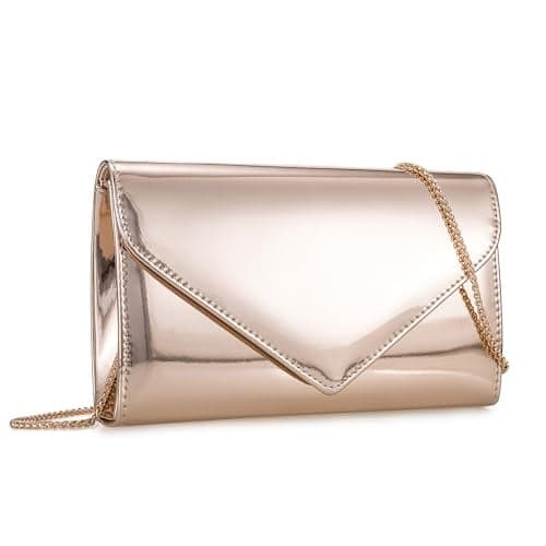 IXEBELLA Women’s Mirrored Metallic Faux Leather Evening Bag Glimmering Clutch Purse for Prom/Cocktail/Wedding/Party (Rose Gold)